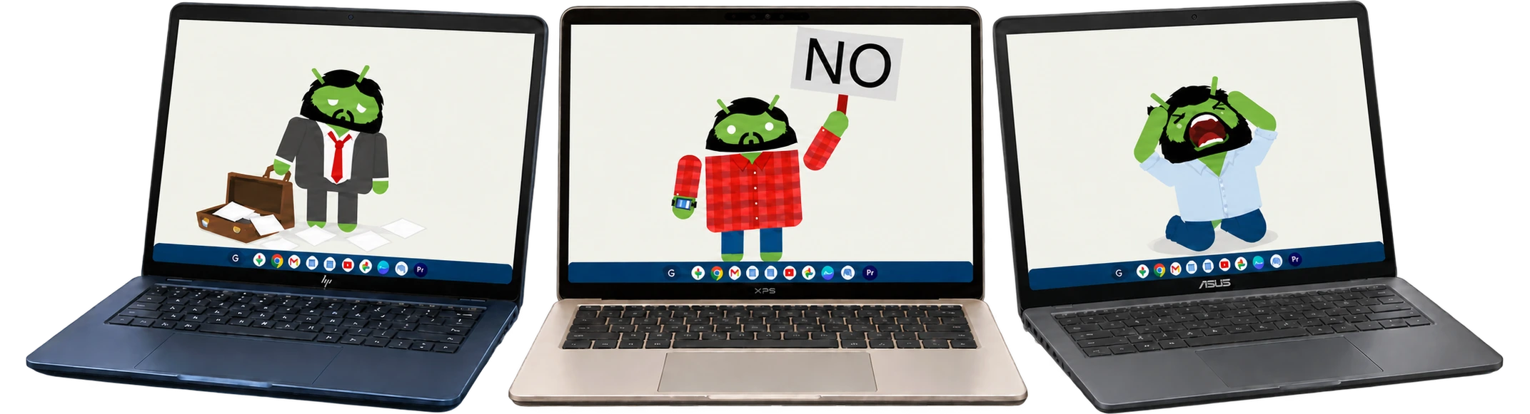Three Googlebooks: a sad suited Android with an open briefcase on the HP, the original NO-sign Android on the Dell, and an Android kneeling, clutching his head and screaming upwards on the ASUS.